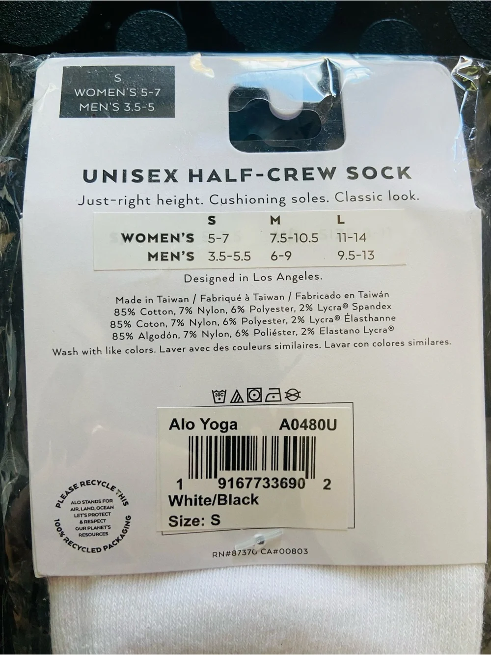 ALO Yoga, UniWhite Half-Crew Athletic Socks with Black Logo , women’s 5 to 7